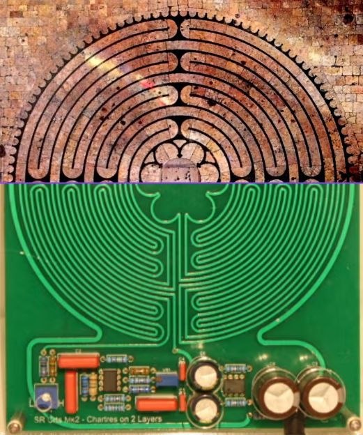 Comparison image pairing an ancient labyrinth-style floor pattern with a modern circuit board layout.