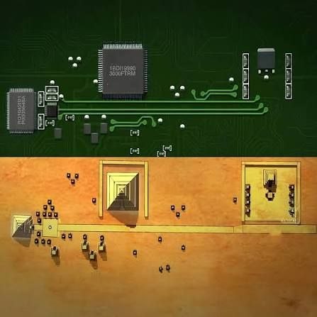 Ancient mural and circuit-board comparison image.