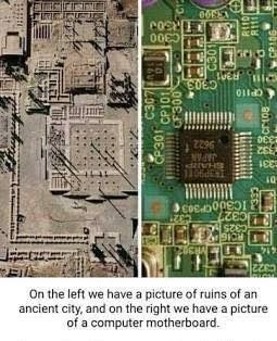 Ruins and motherboard comparison image.